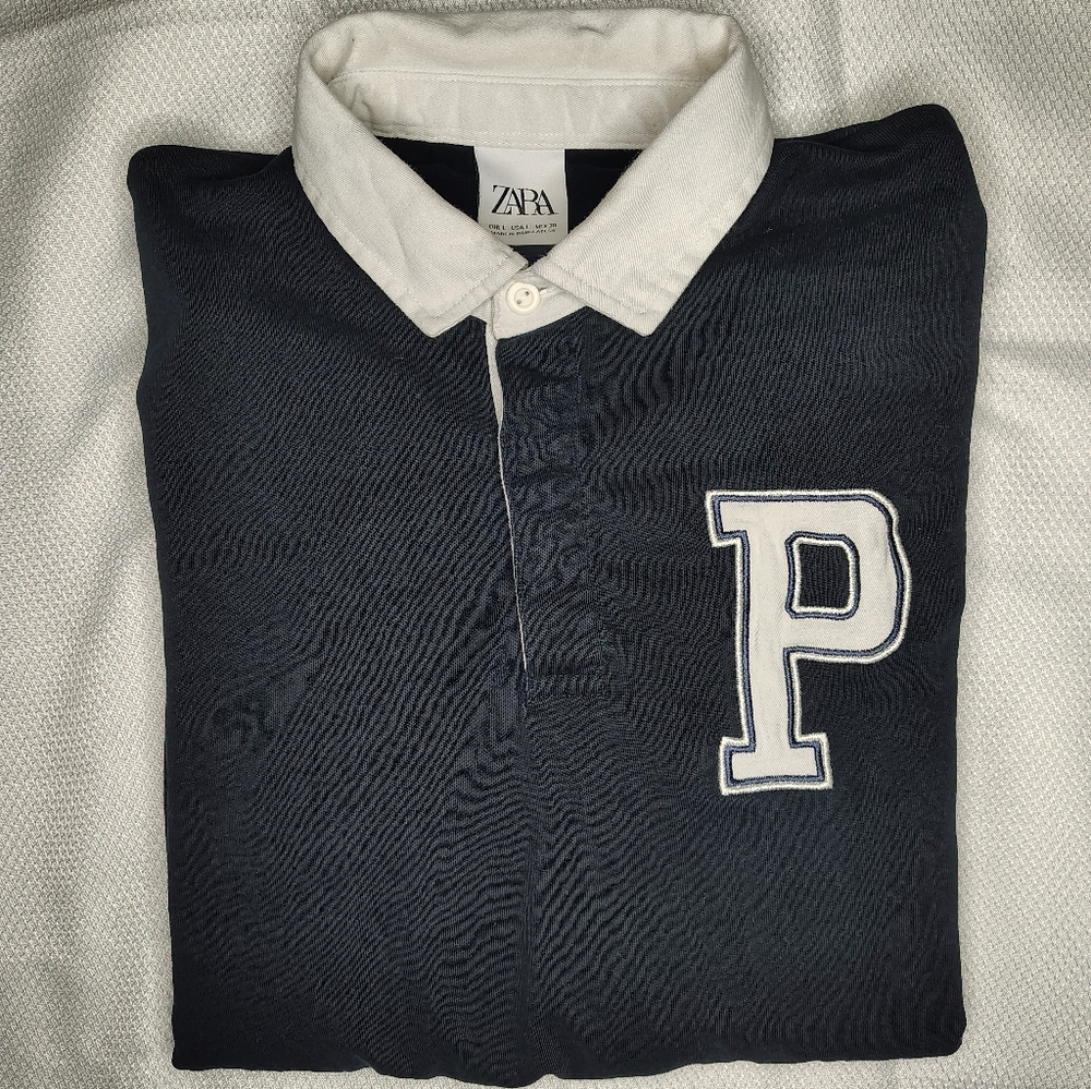 Navy and White Striped Long Sleeve ZARA Polo Shirt - Picture 9 of 9